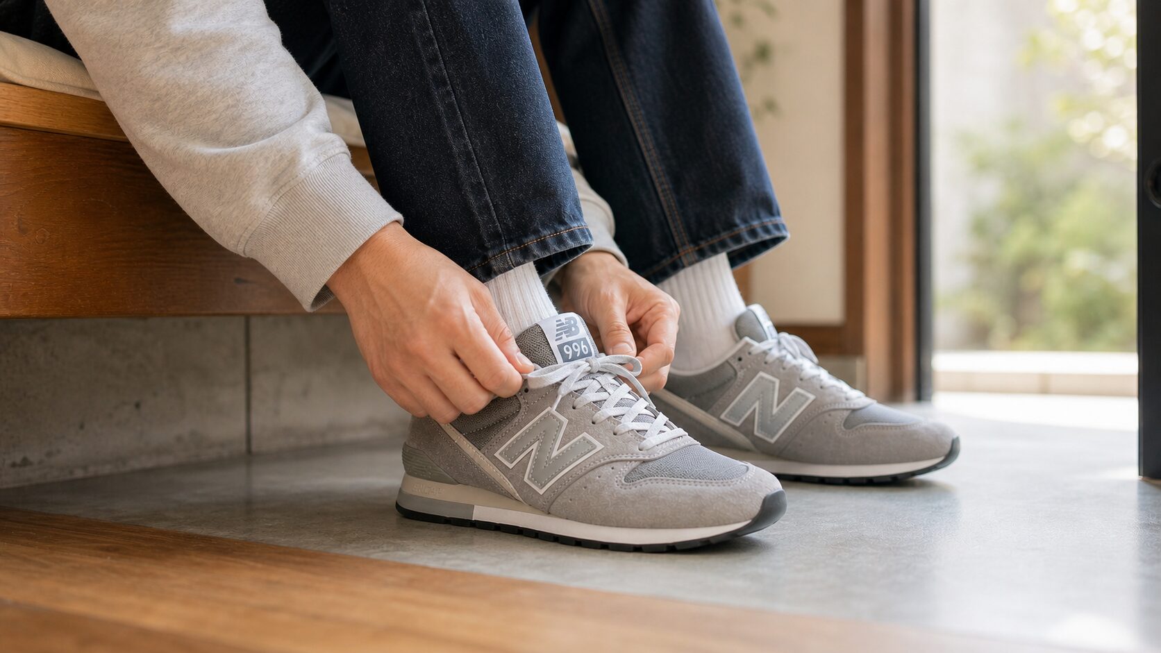996の靴紐を一番上まで通して結ぶ着用イメージ
