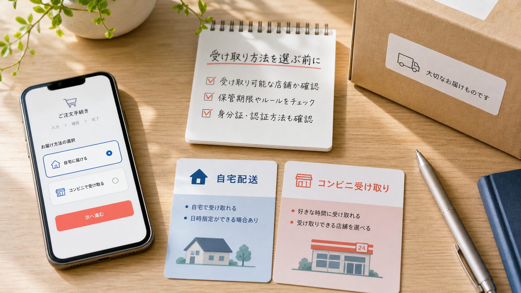 スマホ注文画面と配送先選択メモのイメージ