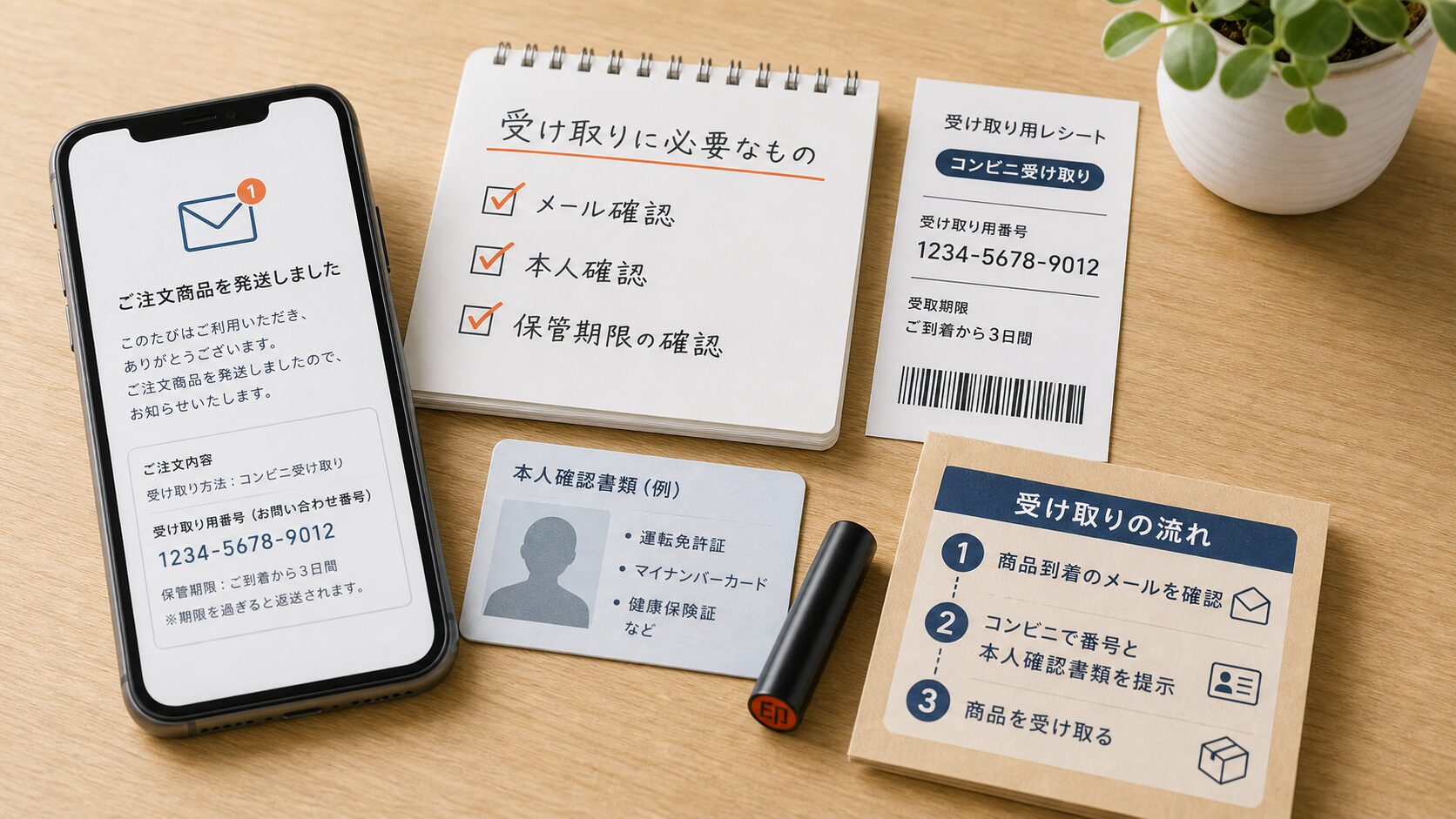受け取りメールと本人確認書類を確認する机上メモ