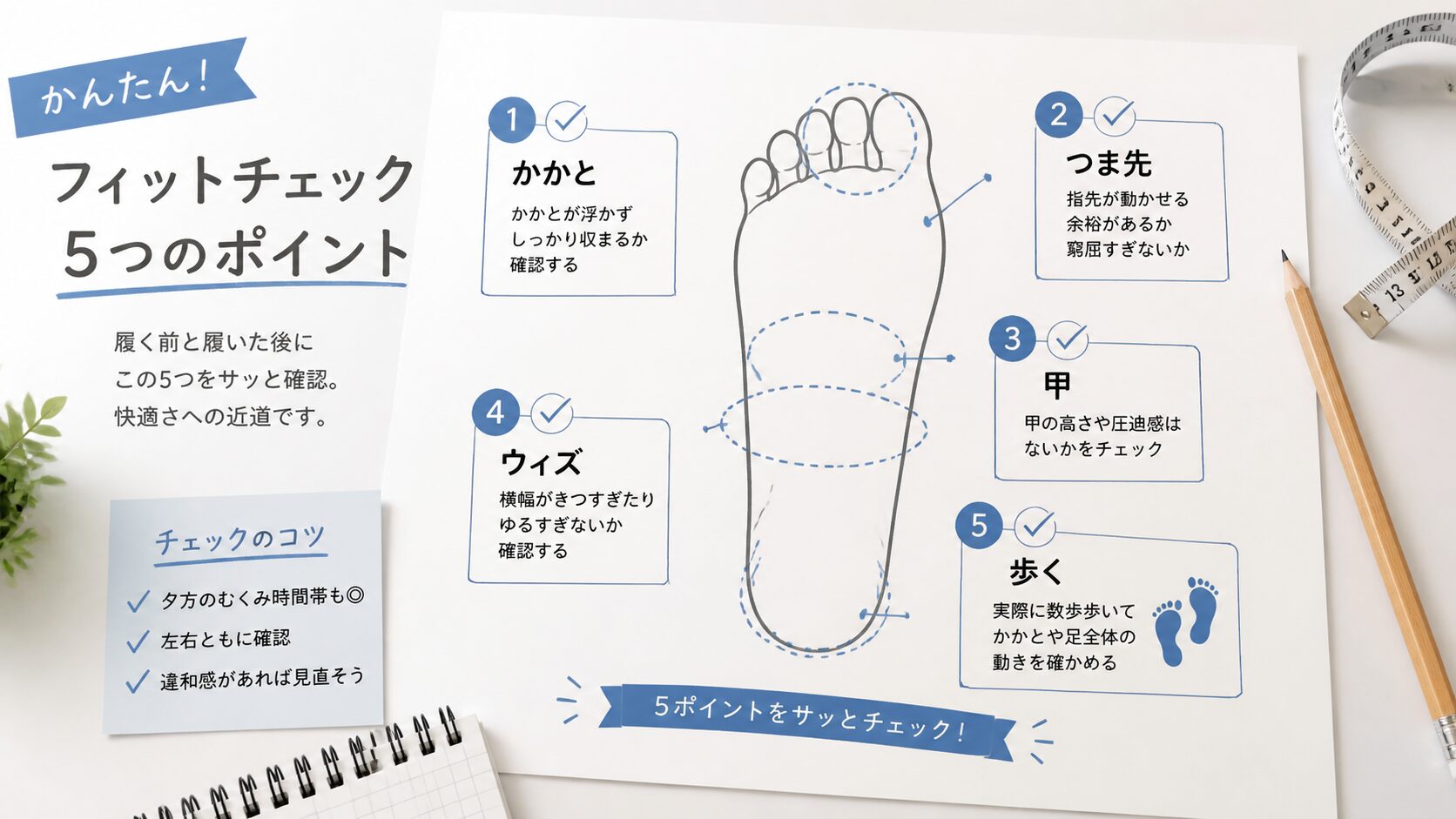 かかと浮きの確認ポイントをまとめた足型とチェック表のイメージ