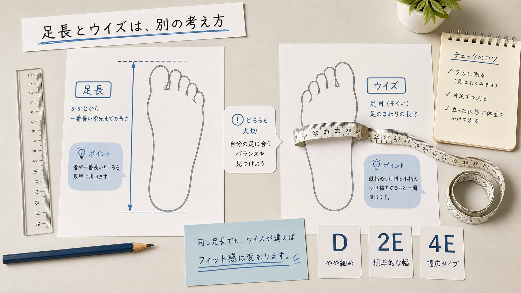 足長とウイズを分けて考える非靴型のサイズ確認図