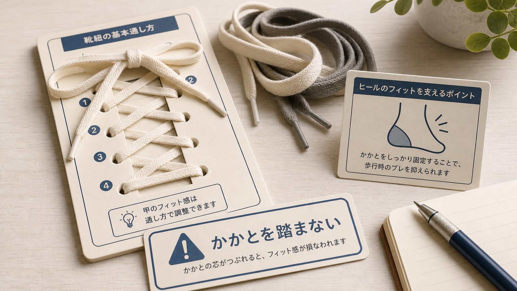 靴紐の締め方とヒールカウンター注意を示す非商品ビジュアル