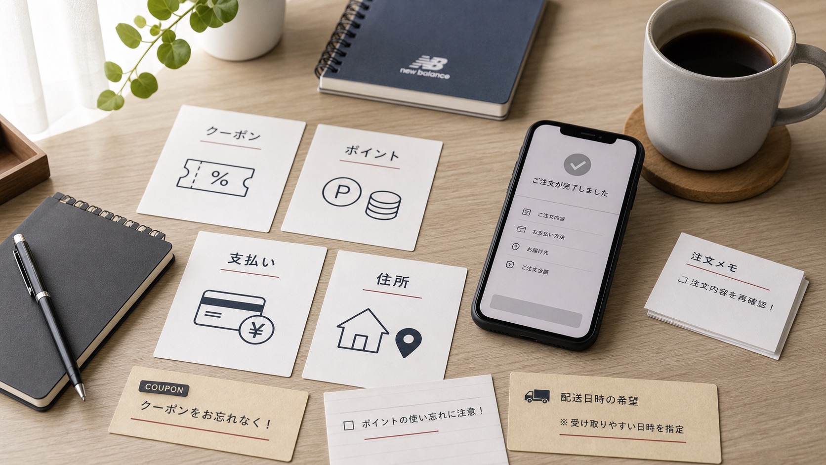 ポイント利用と注文完了前の確認項目を整理したメモのイメージ