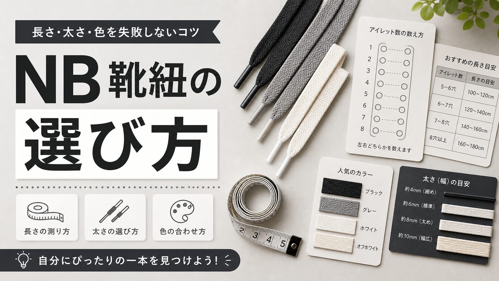 シューレース選びを表す平紐とアイレット図解と色見本の非靴ビジュアル