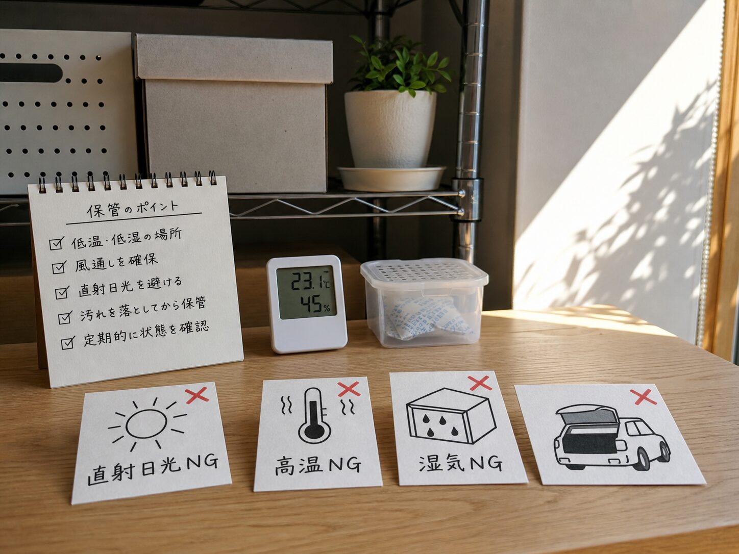 高温多湿や直射日光を避けて保管する注意点のイメージ
